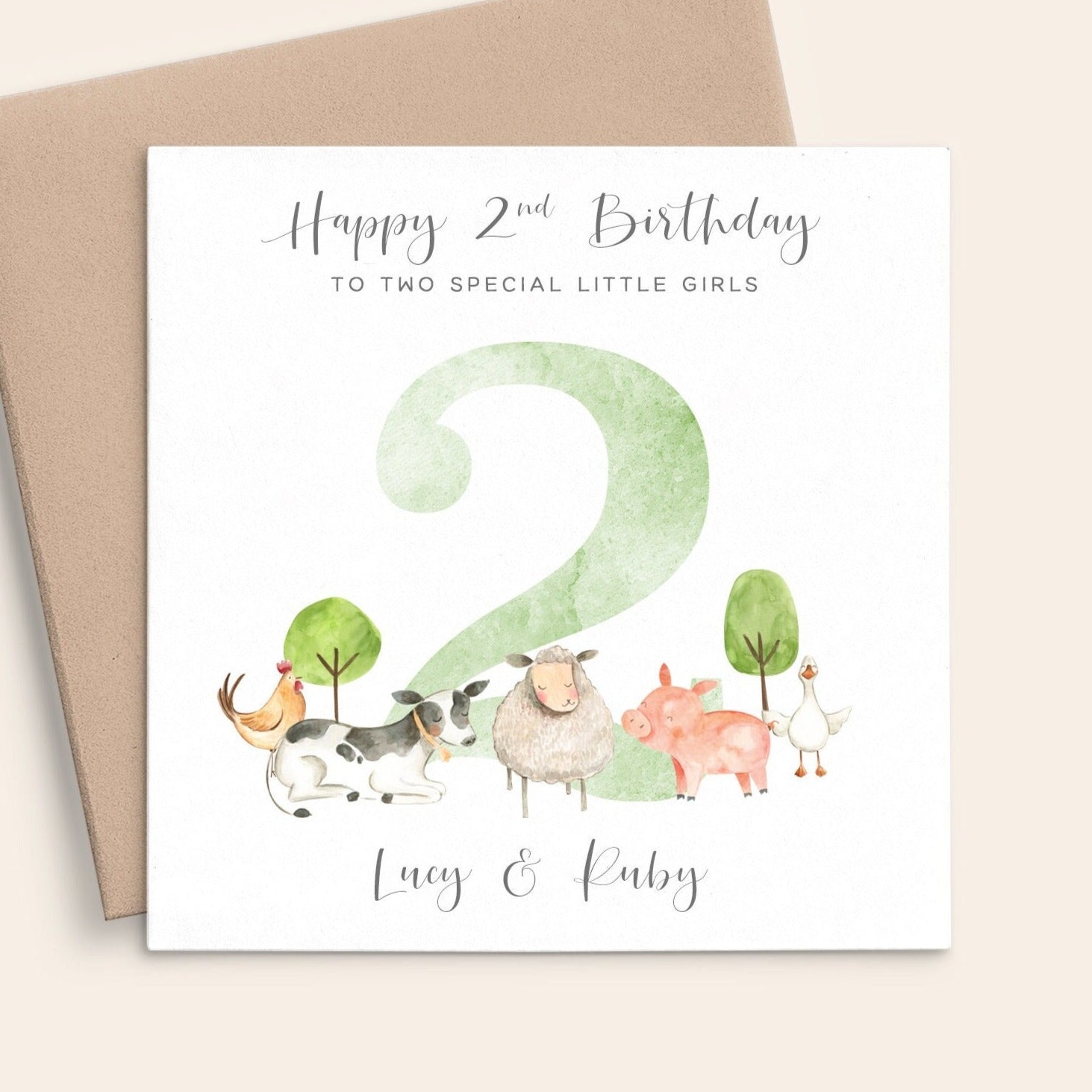 watercolour farm animals 2nd birthday card boy girl unisex twins personalised matte white cardstock kraft brown envelope