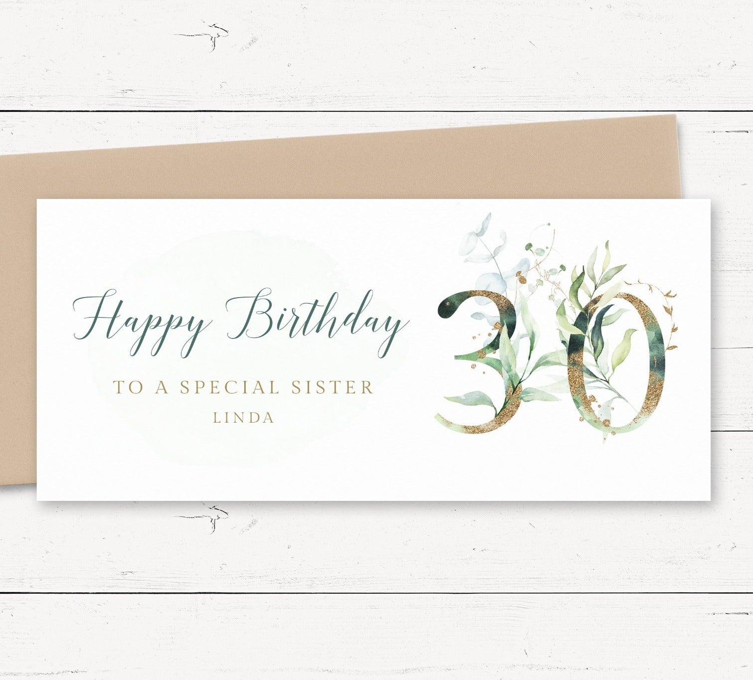 eucalyptus 30th birthday money wallet card female personalised matte smooth white cardstock kraft brown envelope
