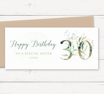 eucalyptus 30th birthday money wallet card female personalised matte smooth white cardstock kraft brown envelope