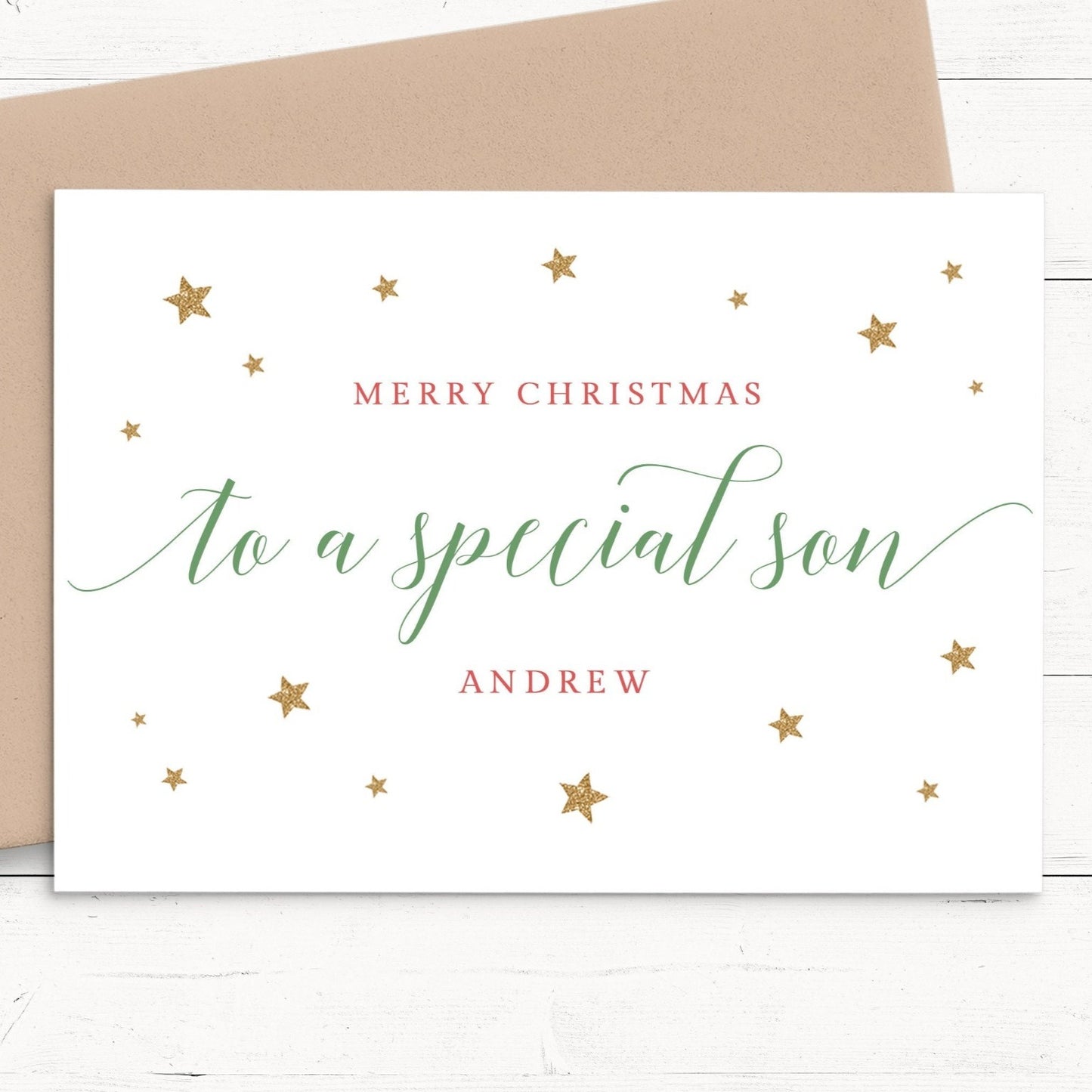 merry christmas to a special son personalised christmas card matte white card stock kraft brown envelope boy father mother