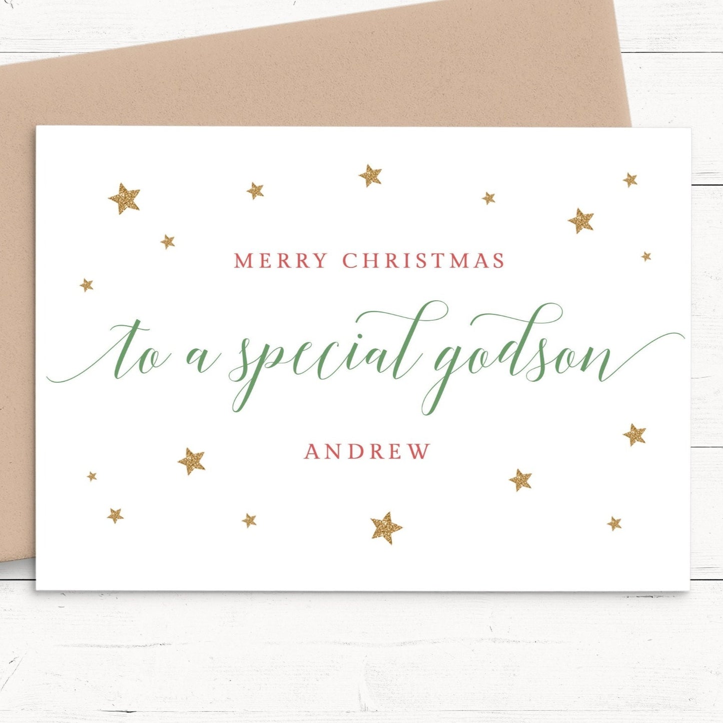 merry christmas special godson personalised christmas card matte white cardstock kraft brown envelope boy man god-son