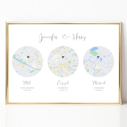 Met Engaged Married Map Wall Art Cities, Personalised by Locations