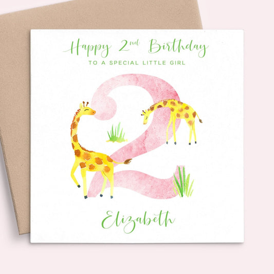 watercolour giraffe 2nd birthday card pink girl daughter granddaughter matte white cardstock kraft brown envelope personalised