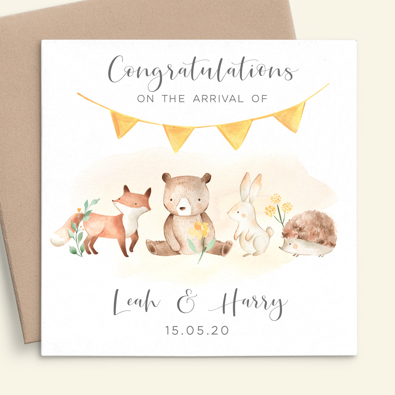 new baby woodland animals card fox hedgehog rabbit personalised matte white cardstock kraft brown envelope