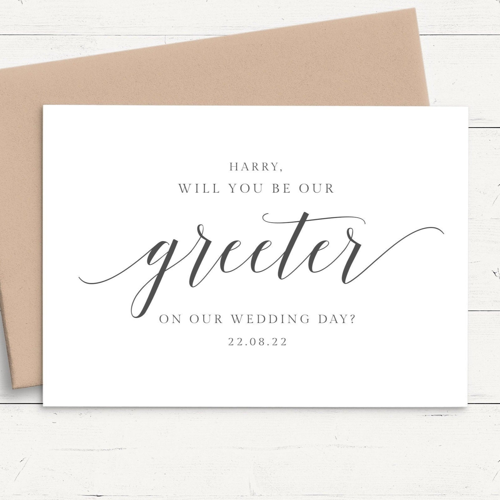 black and white will you be our greeter proposal card personalised matte smooth white cardstock kraft brown envelope