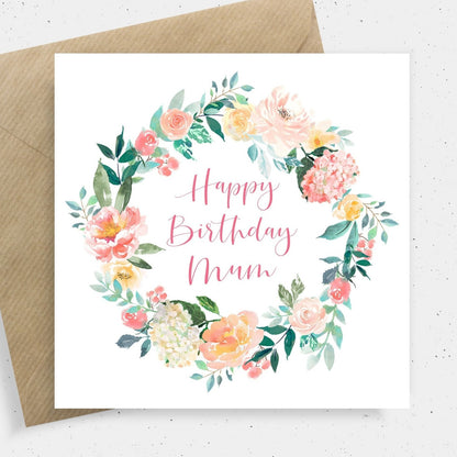 watercolour floral wreath birthday card mum personalised matte white cardstock kraft brown envelope square