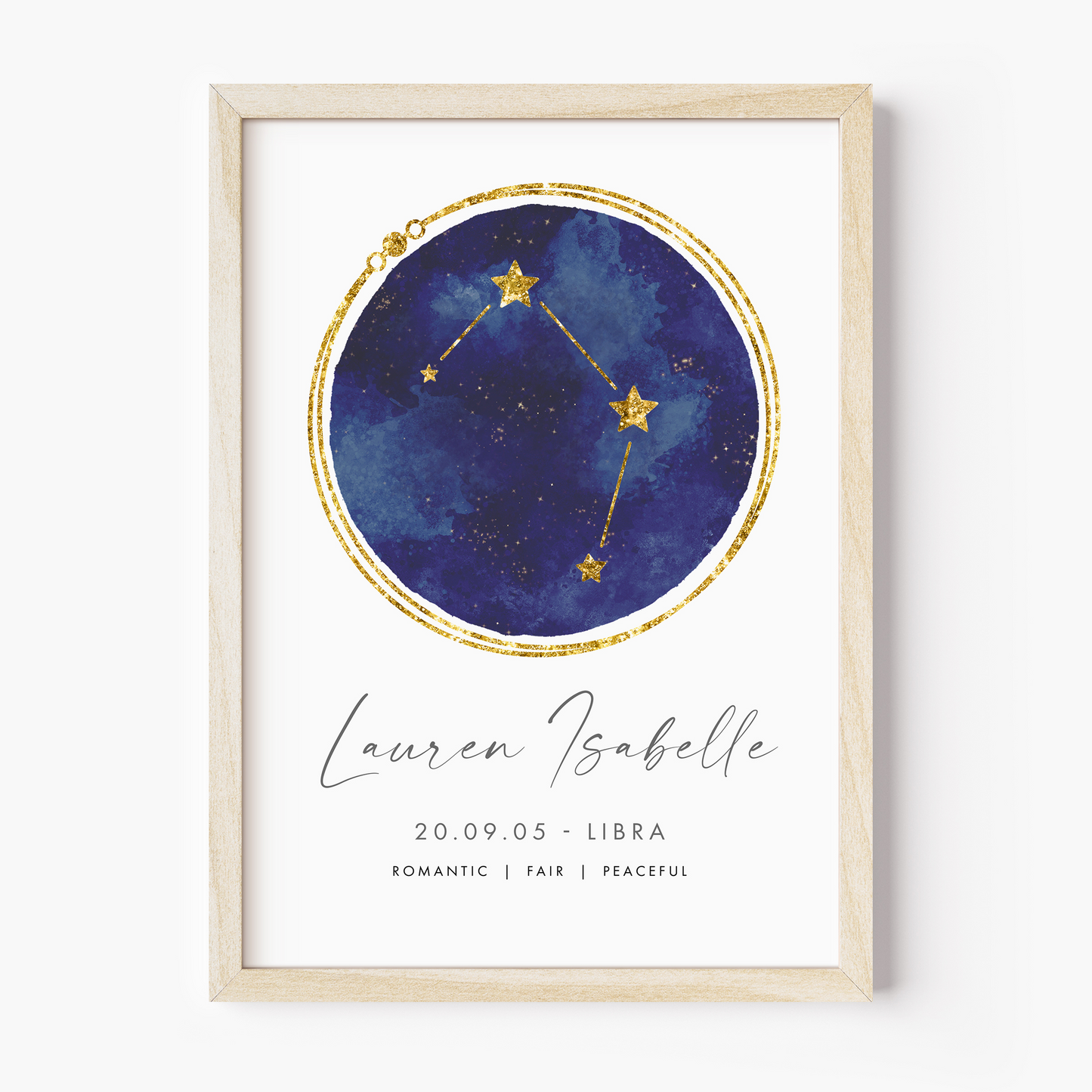 unframed personalised libra zodiac constellation print navy and gold watercolour matte white paperstock