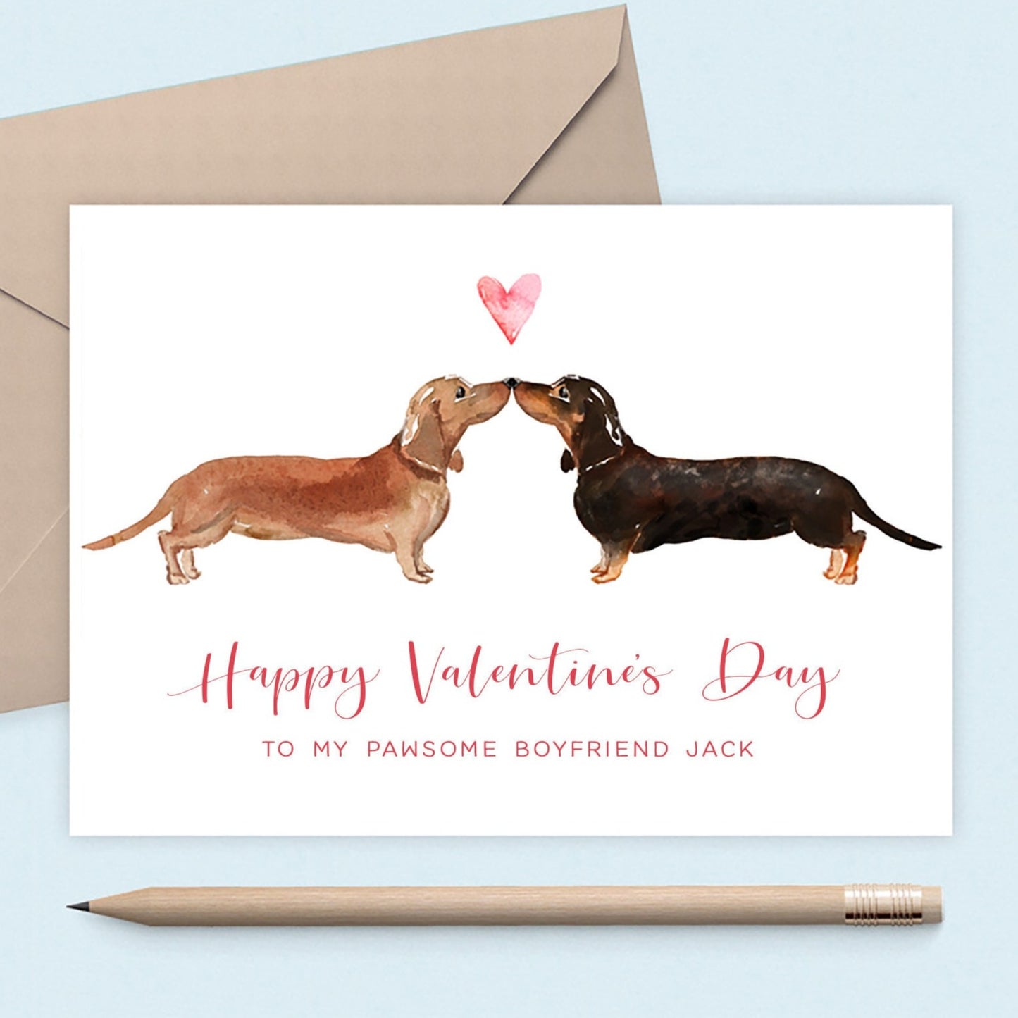 watercolour sausage dog valentines day card boyfriend personalised matte white cardstock kraft brown envelope a6 a5