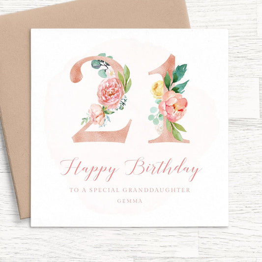 granddaughter pink floral 21st birthday card personalised smooth matte white cardstock kraft brown envelope