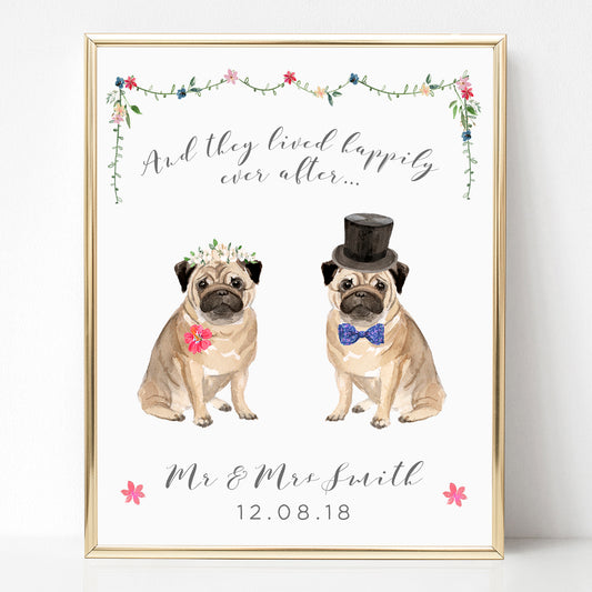 watercolour pug wedding print couple personalised matte smooth white paperstock unframed
