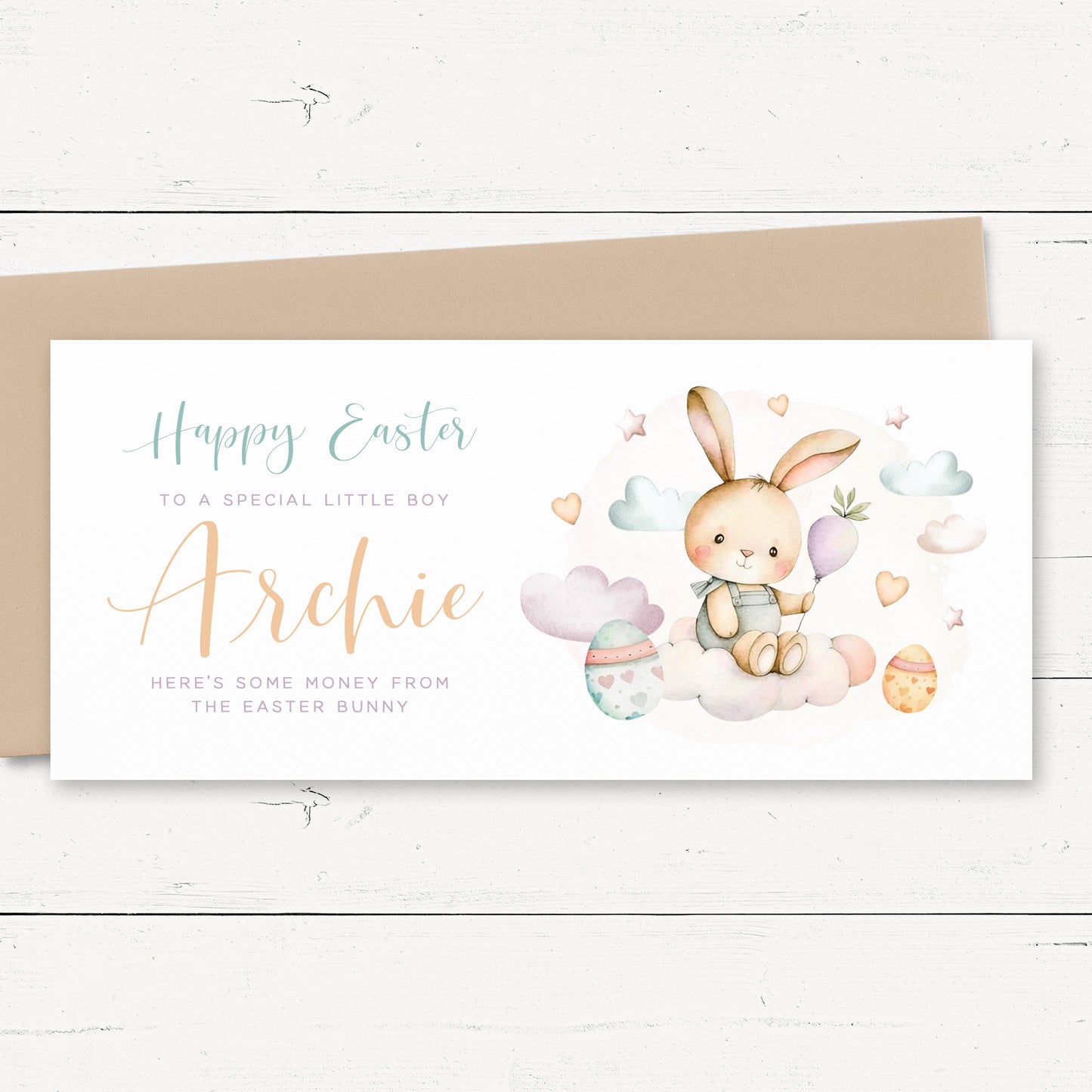 watercolour easter bunny rabbit money wallet card holder personalised matte white cardstock kraft brown envelope