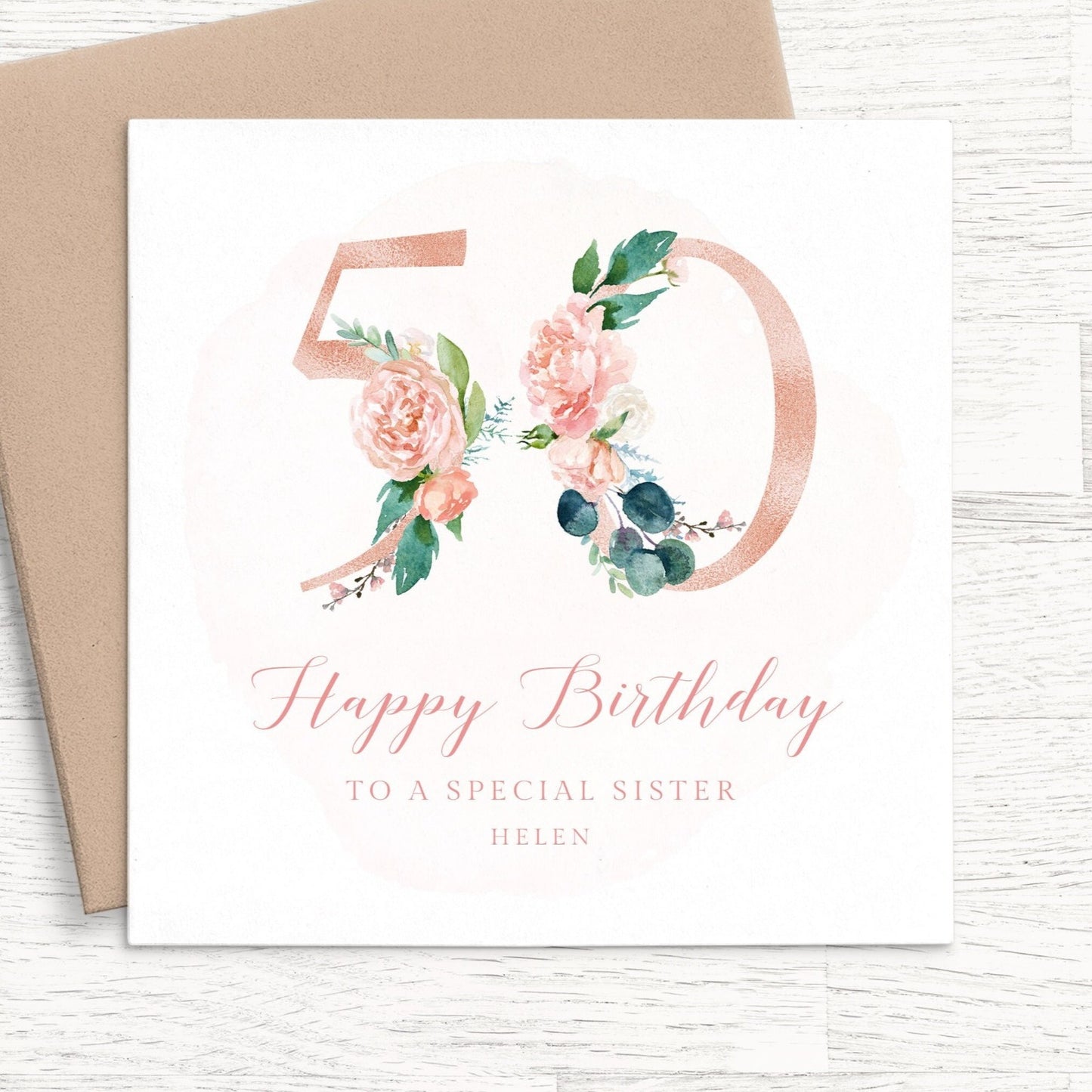 sister pink floral 50th birthday card personalised smooth matte white cardstock kraft brown envelope