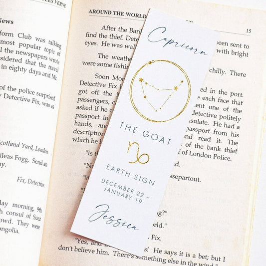 capricorn personalised gold navy zodiac bookmark for women matte white smooth cardstock