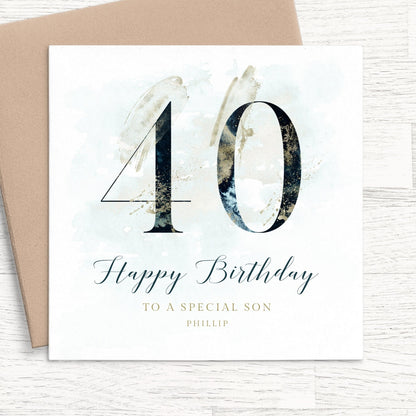 son navy 40th birthday card personalised smooth matte white cardstock kraft brown envelope