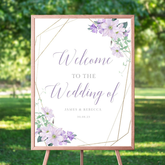 personalised watercolour purple floral welcome wedding sign unframed matte smooth white paperstock