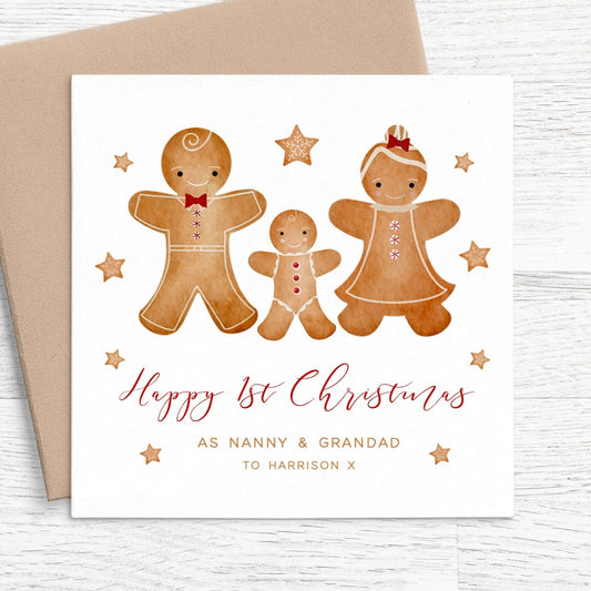 gingerbread happy 1st christmas as nanny and grandad card personalised kraft brown envelope matte white cardstock
