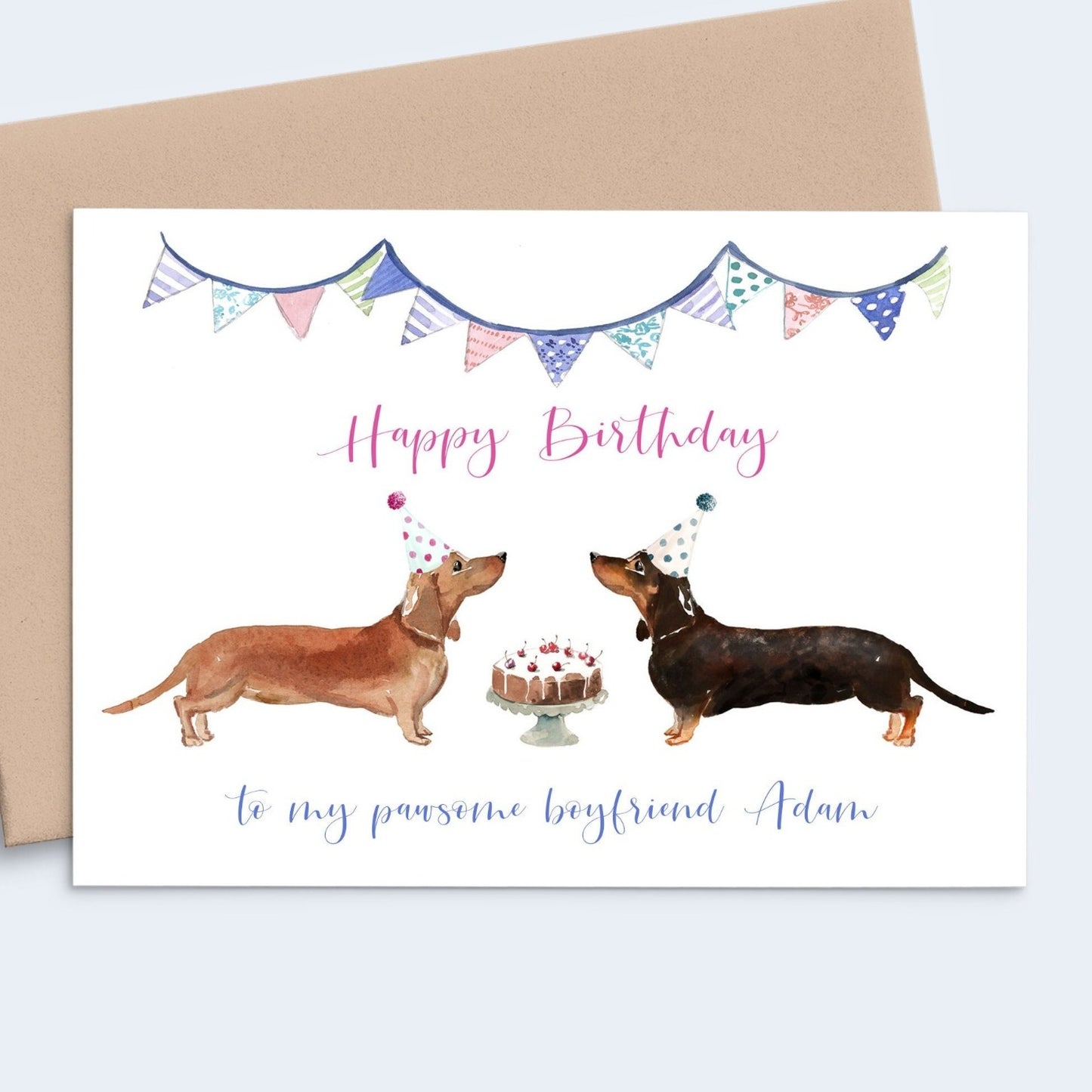 watercolour dachshund birthday card boyfriend husband fiance personalised matte white cardstock kraft brown envelope