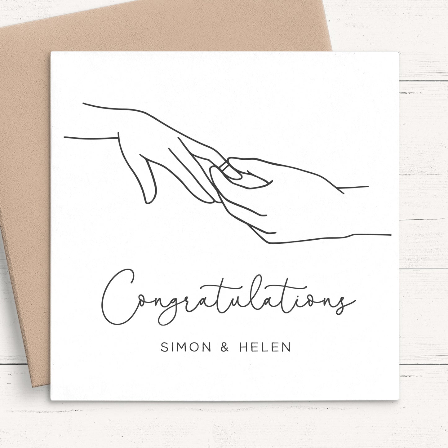 couple holding hands engagement line art card personalised matte white smooth cardstock kraft brown envelope