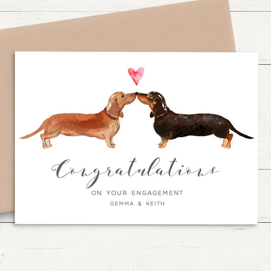 personalised sausage dog engagement card for couple matte white smooth cardstock kraft brown envelope