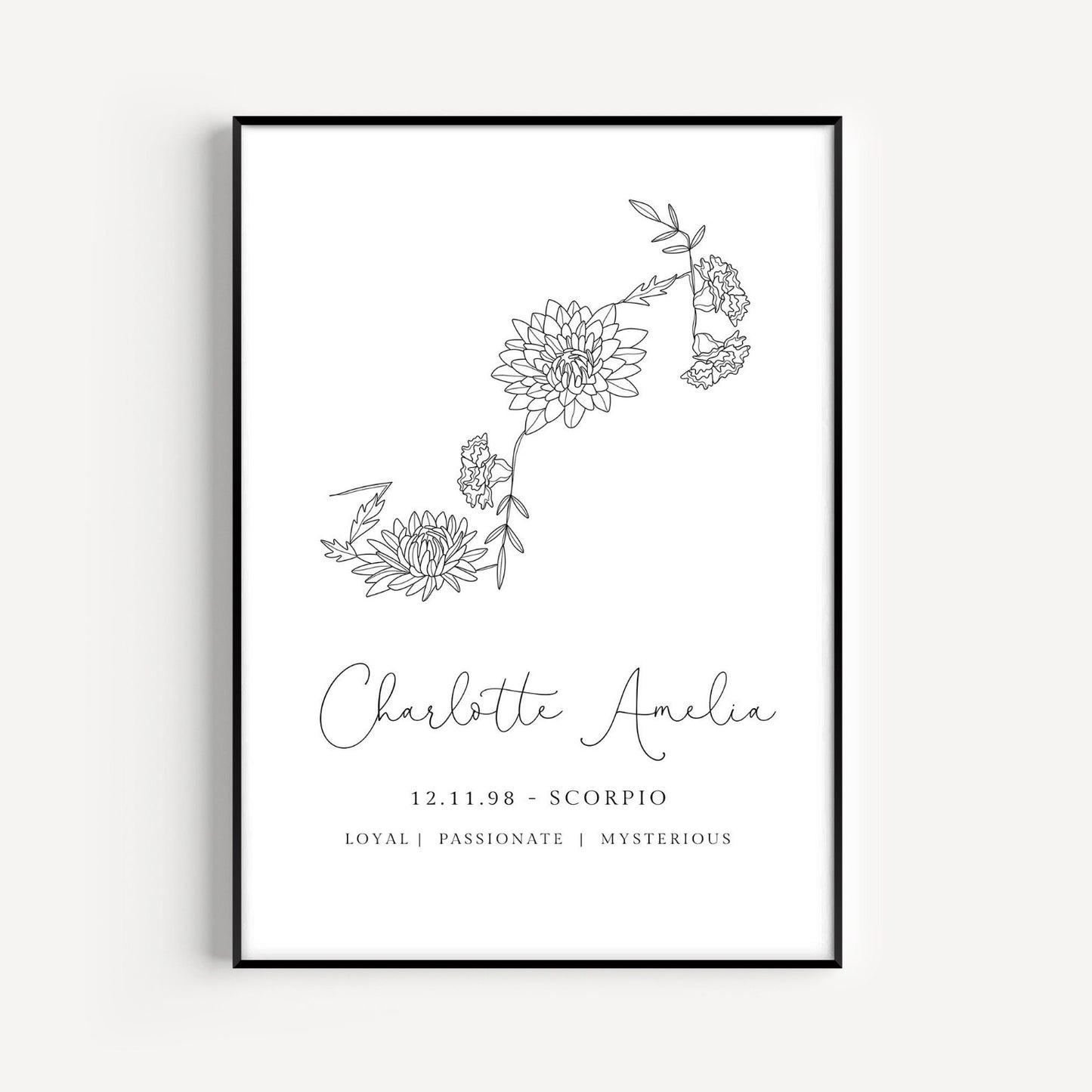 scorpio zodiac birth flower line art print personalised with name and date background colour of your choice matte paperstock unframed