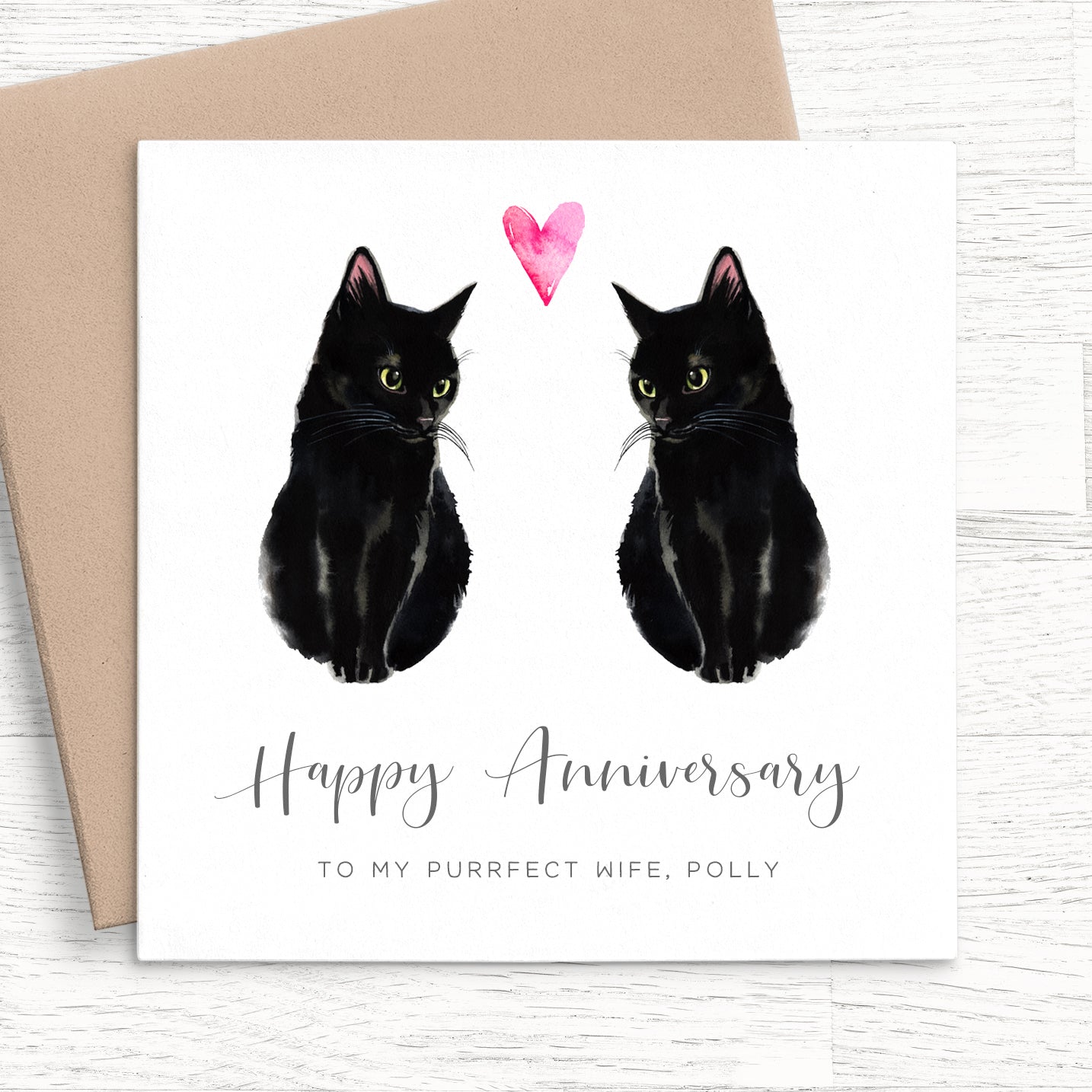 Personalized Wedding Anniversary Cards for Wife, Watercolour Cat