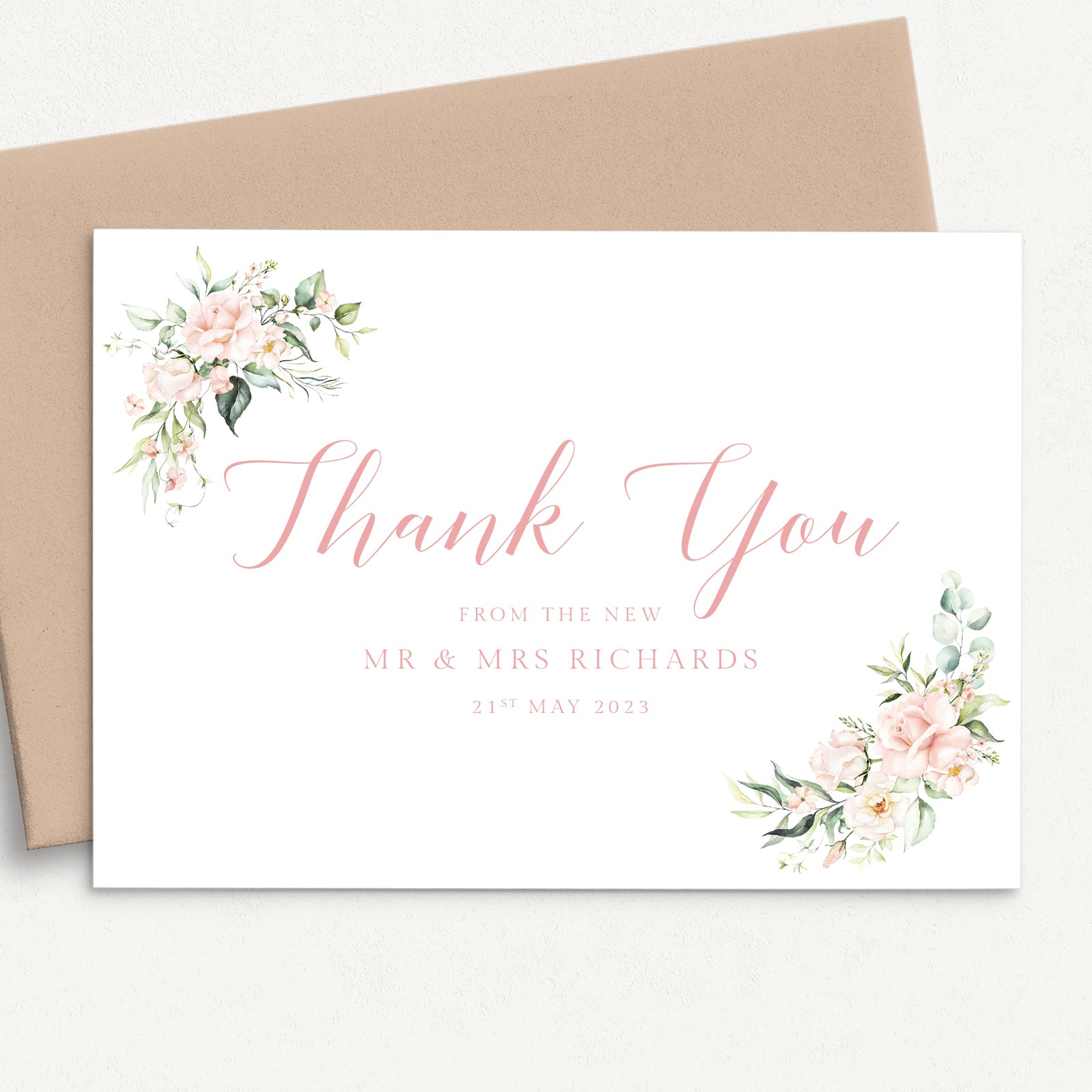 watercolour blush pink floral wedding thank you card personalised names date matte white cardstock kraft brown envelope