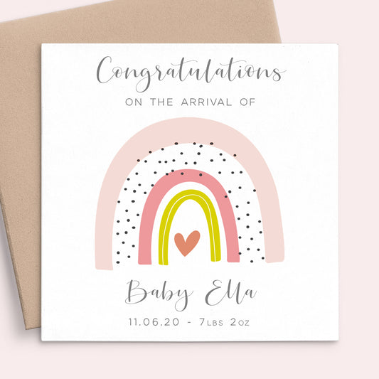 New Baby Girl Congratulations Card Personalised, Pink Rainbow