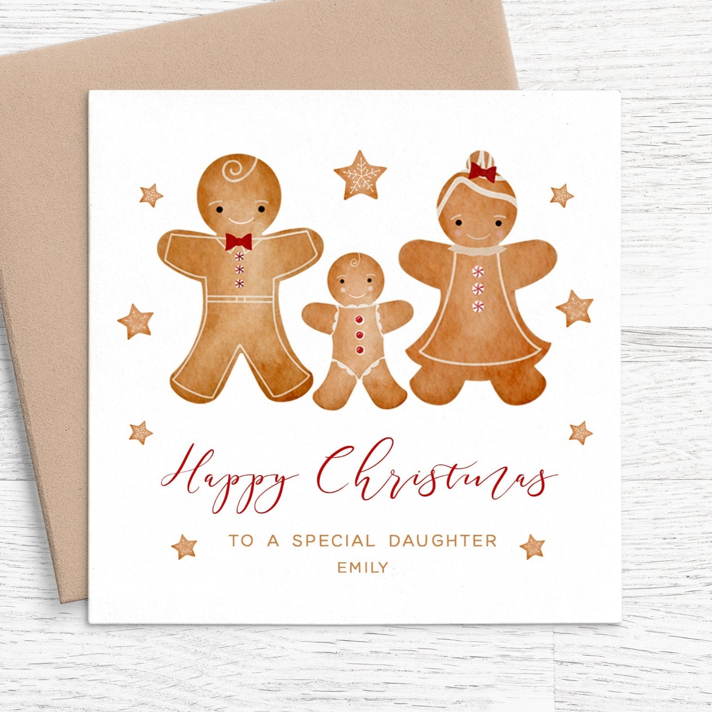gingerbread happy christmas daughter or son card personalised kraft brown envelope matte white cardstock