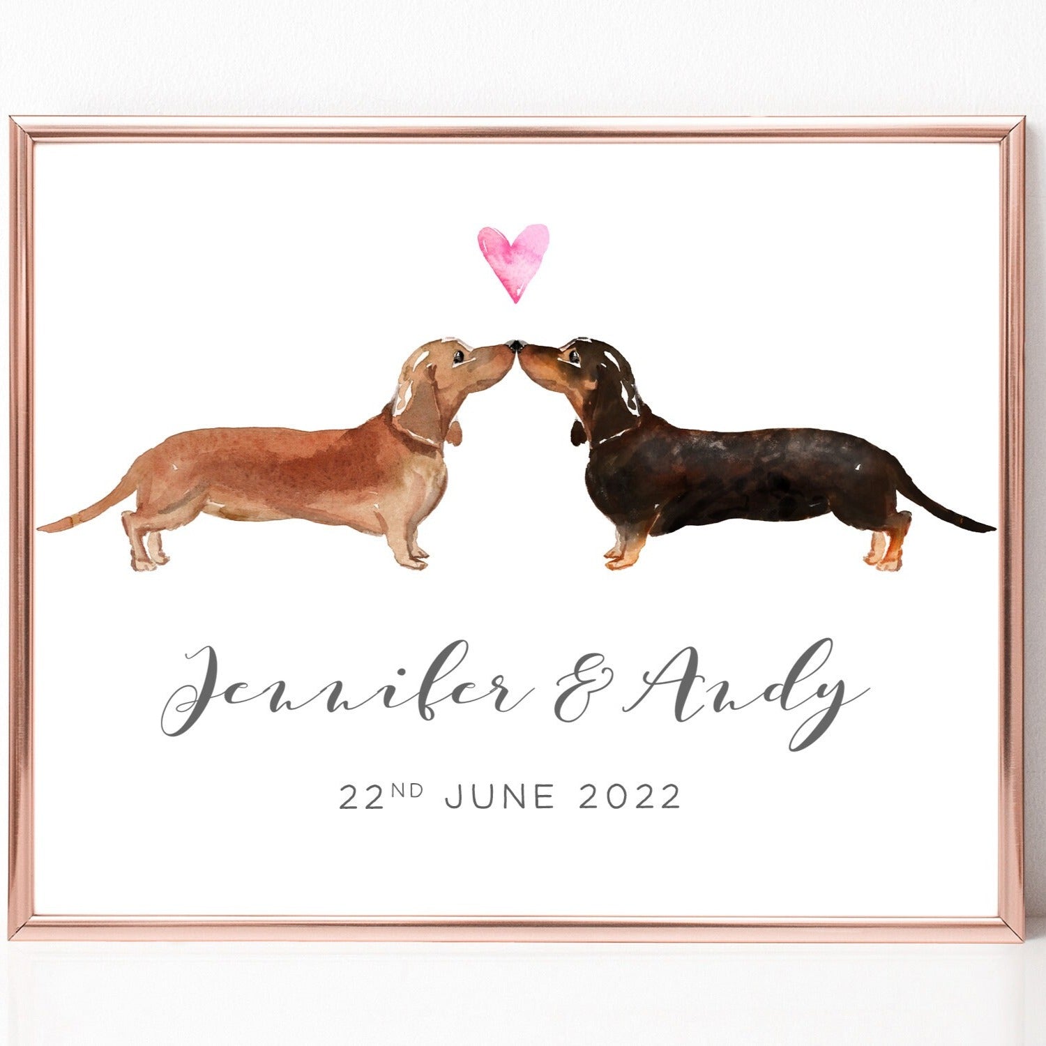 watercolour sausage dog couple print anniversary gift her him personalised unframed names date heart