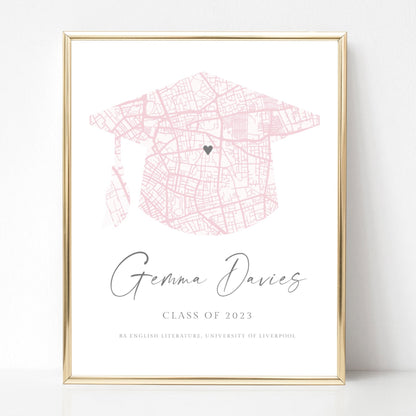 pink city map print personalised graduation gift for her university unframed matte white paperstock