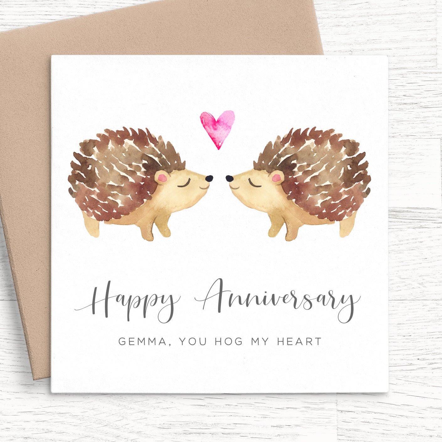 kissing hedgehog happy anniversary personalised matte white cardstock kraft brown envelope