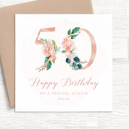 pink floral 50th birthday card auntie personalised smooth matte white cardstock kraft brown envelope