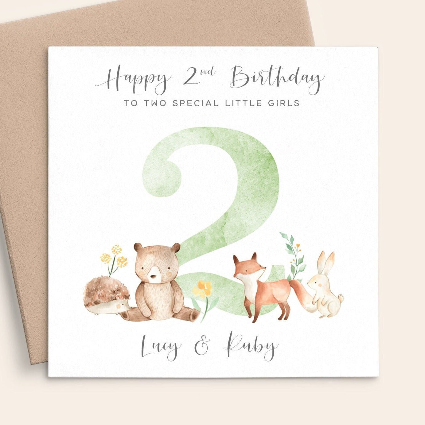 personalised watercolour woodland animals 2nd birthday card 2 year old boy girl unisex matte cardstock kraft brown envelope square