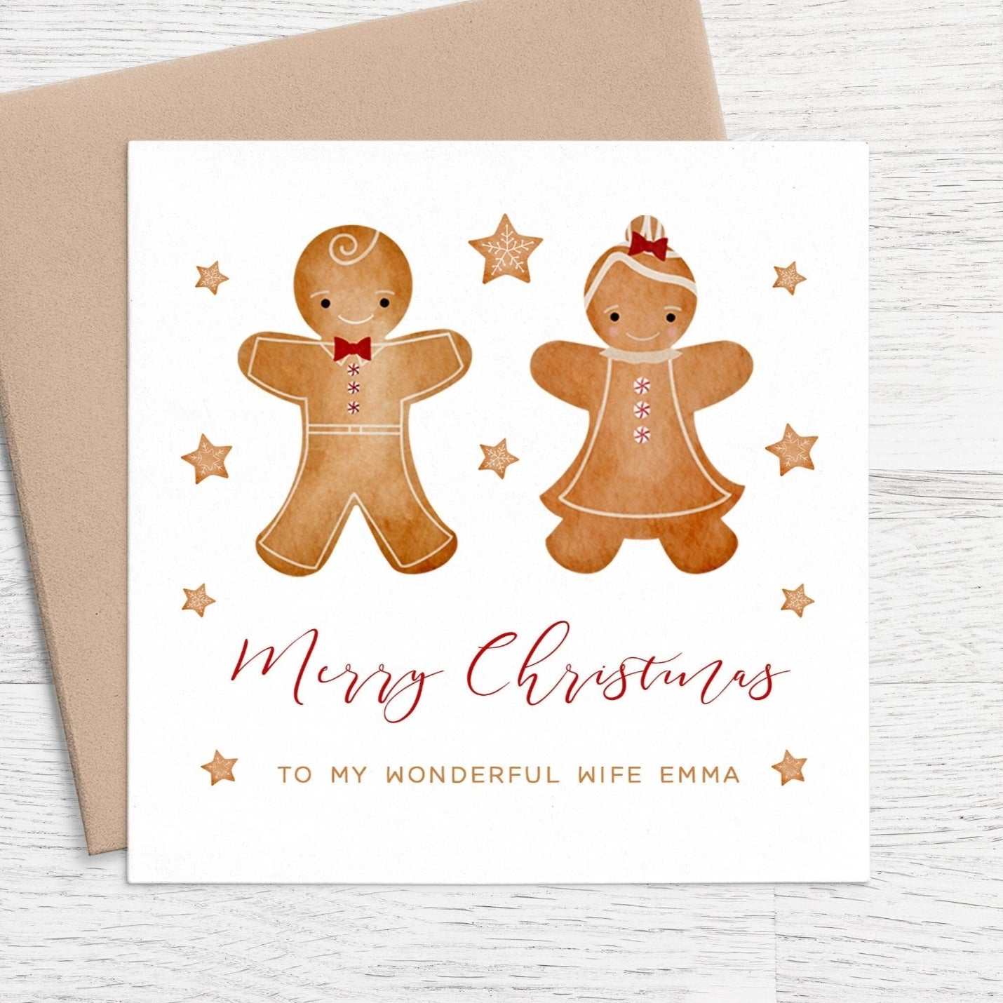 gingerbread merry christmas card for wife personalised kraft brown envelope matte white cardstock