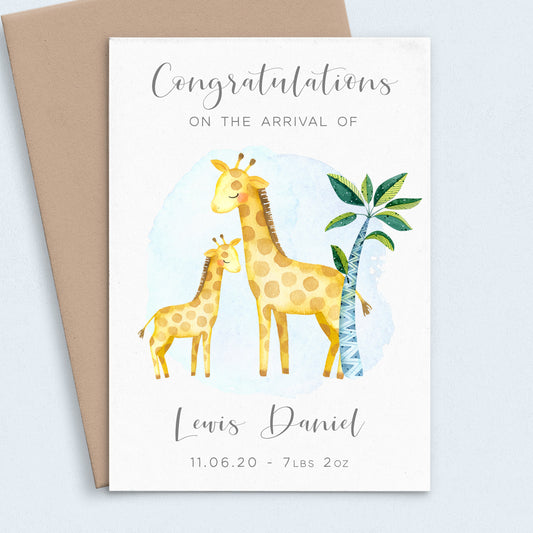 new baby boy watercolour giraffe blue personalised matte white cardstock kraft brown envelope