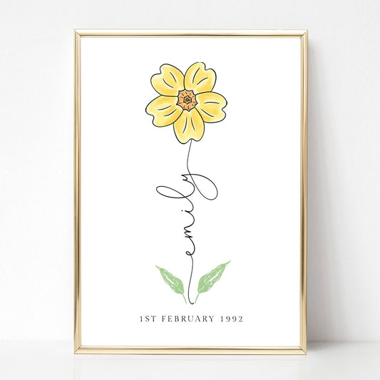 february birth flower print personalised with name and date matte white smooth paperstock unframed