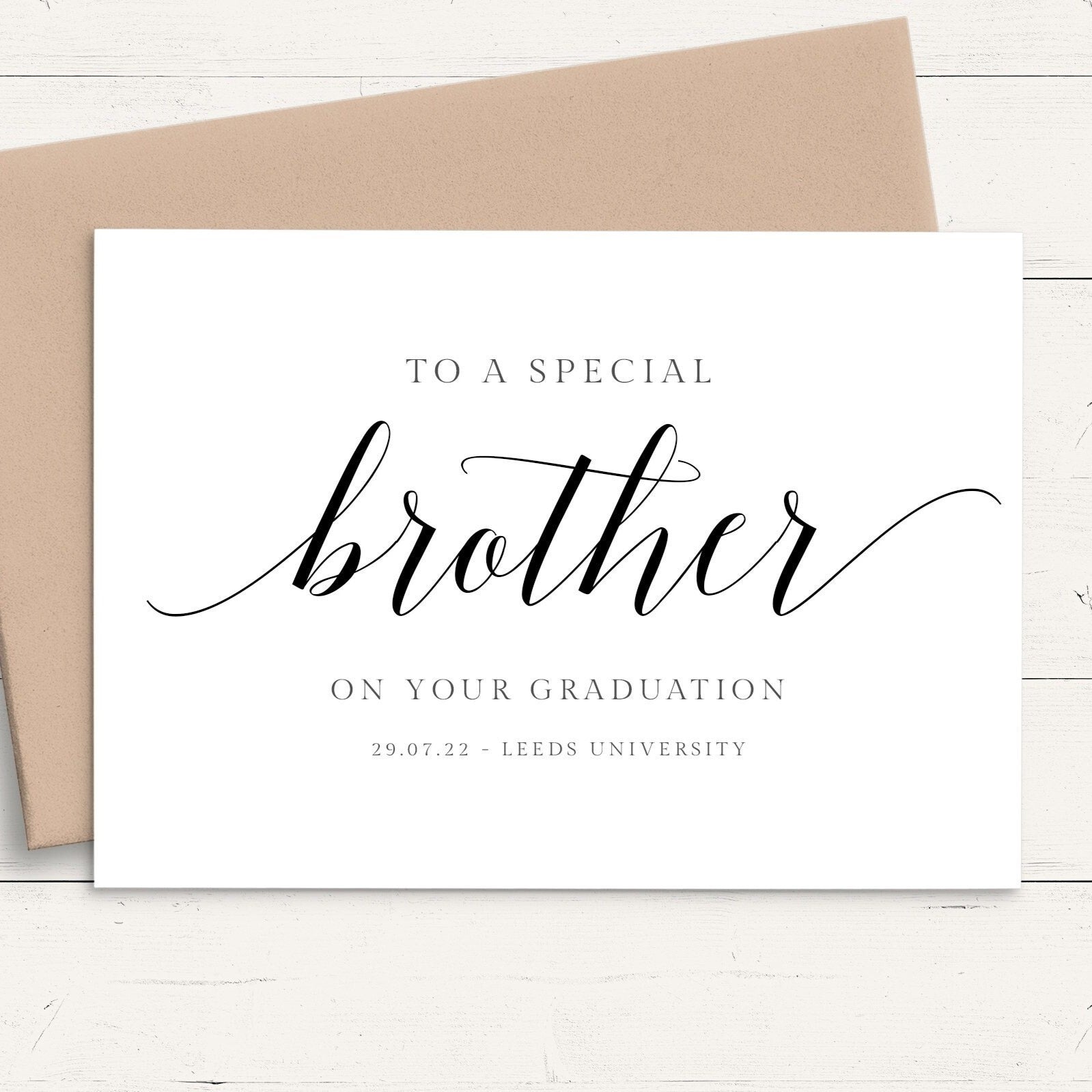 brother graduation card personalised modern script smooth matte white cardstock kraft brown envelope