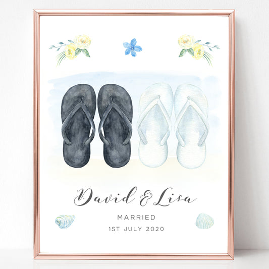 watercolour flip flops wedding print couple personalised matte smooth white paperstock unframed