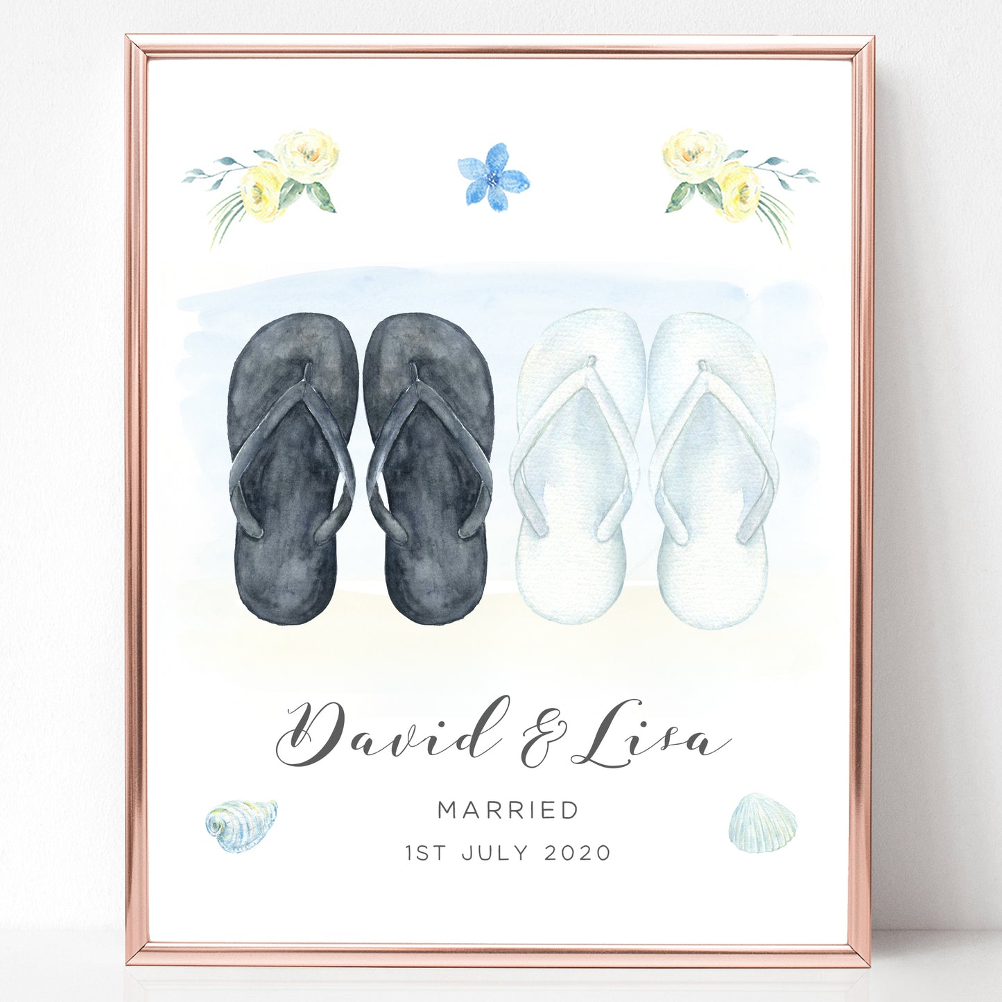 watercolour flip flops wedding print couple personalised matte smooth white paperstock unframed
