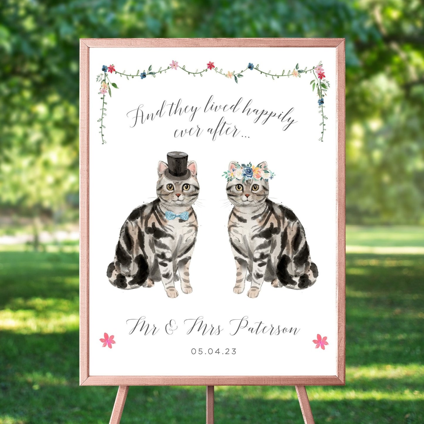 personalised watercolour cat wedding welcome sign unframed matte smooth white paperstock