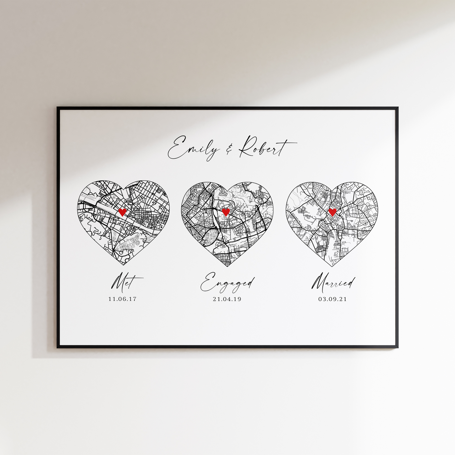 black and white triple city map print met engaed married personalised matte smooth white paperstock unframed