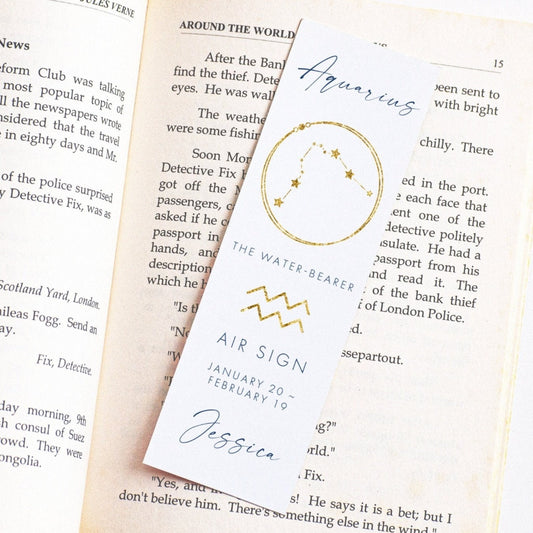 aquarius personalised gold navy zodiac bookmark for women matte white smooth cardstock