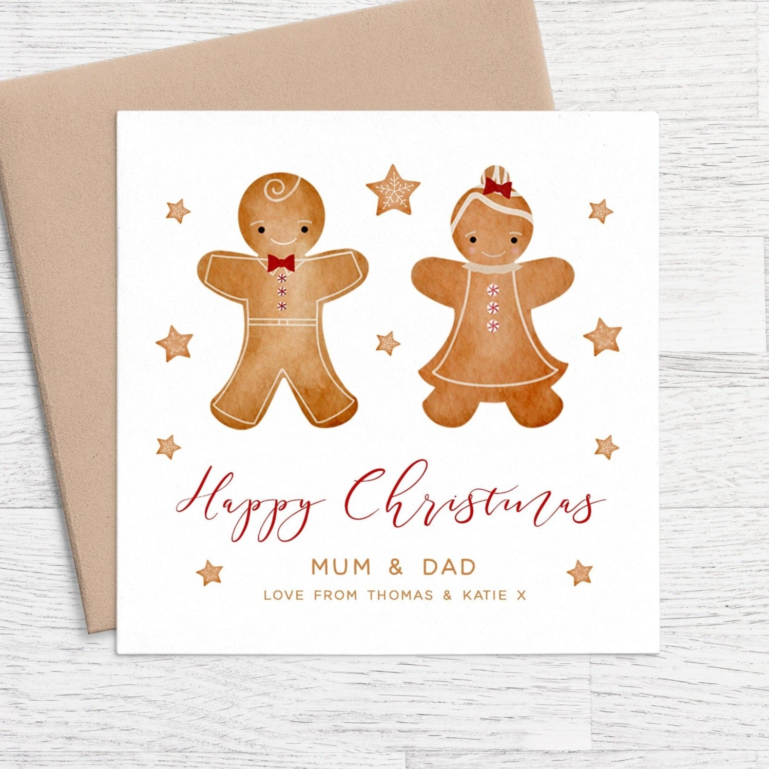 gingerbread happy christmas mum and dad card personalised kraft brown envelope matte white cardstock