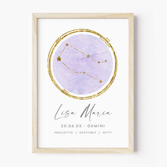 unframed personalised gemini zodiac print constellation purple and gold watercolour matte white paperstock