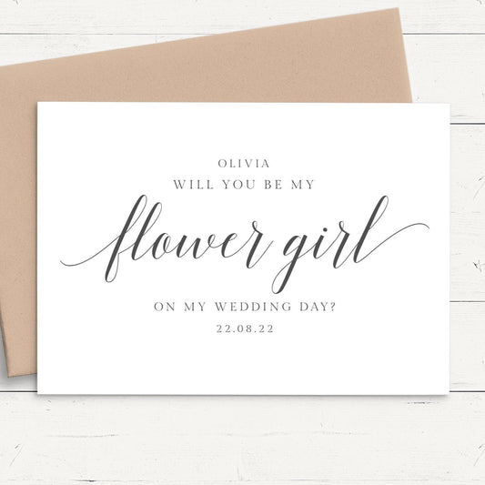 black and white will you be my flower girl proposal card personalised matte smooth white cardstock kraft brown envelope