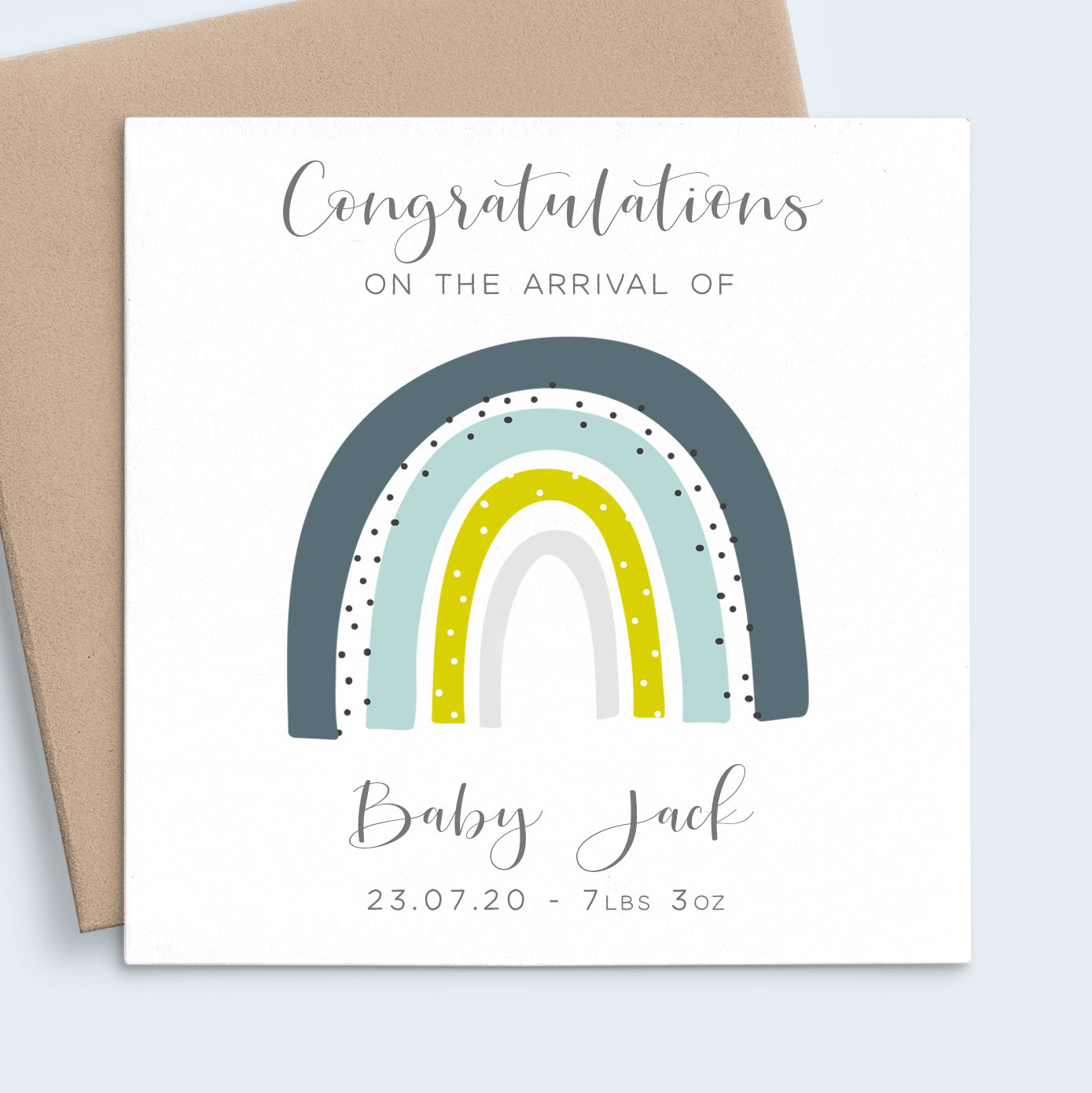 Personalised New Baby Cards for Boys, Blue Rainbow Design