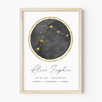 unframed personalised aquarius zodiac print constellation black and gold watercolour matte white paperstock