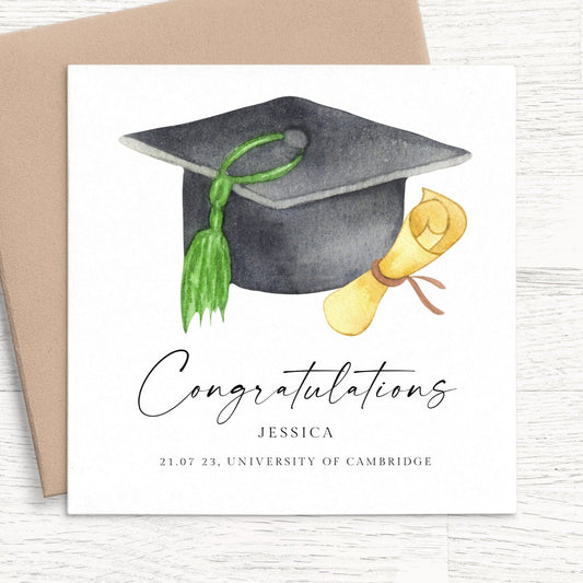 watercolour hat cap graduation card personalised congratulations matte white cardstock kraft brown envelope square