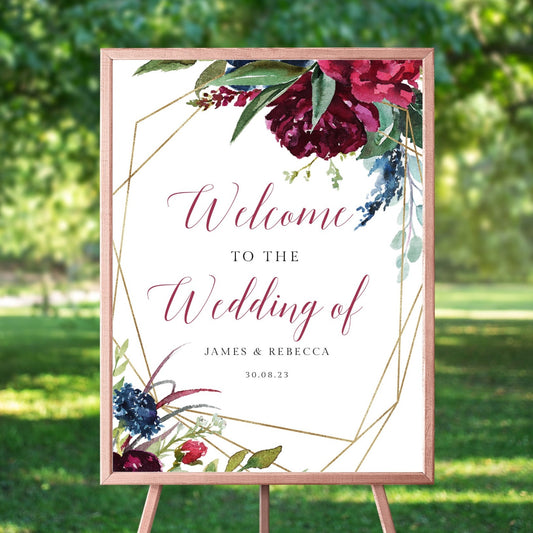 personalized watercolour burgundy floral welcome wedding sign unframed matte smooth white paperstock