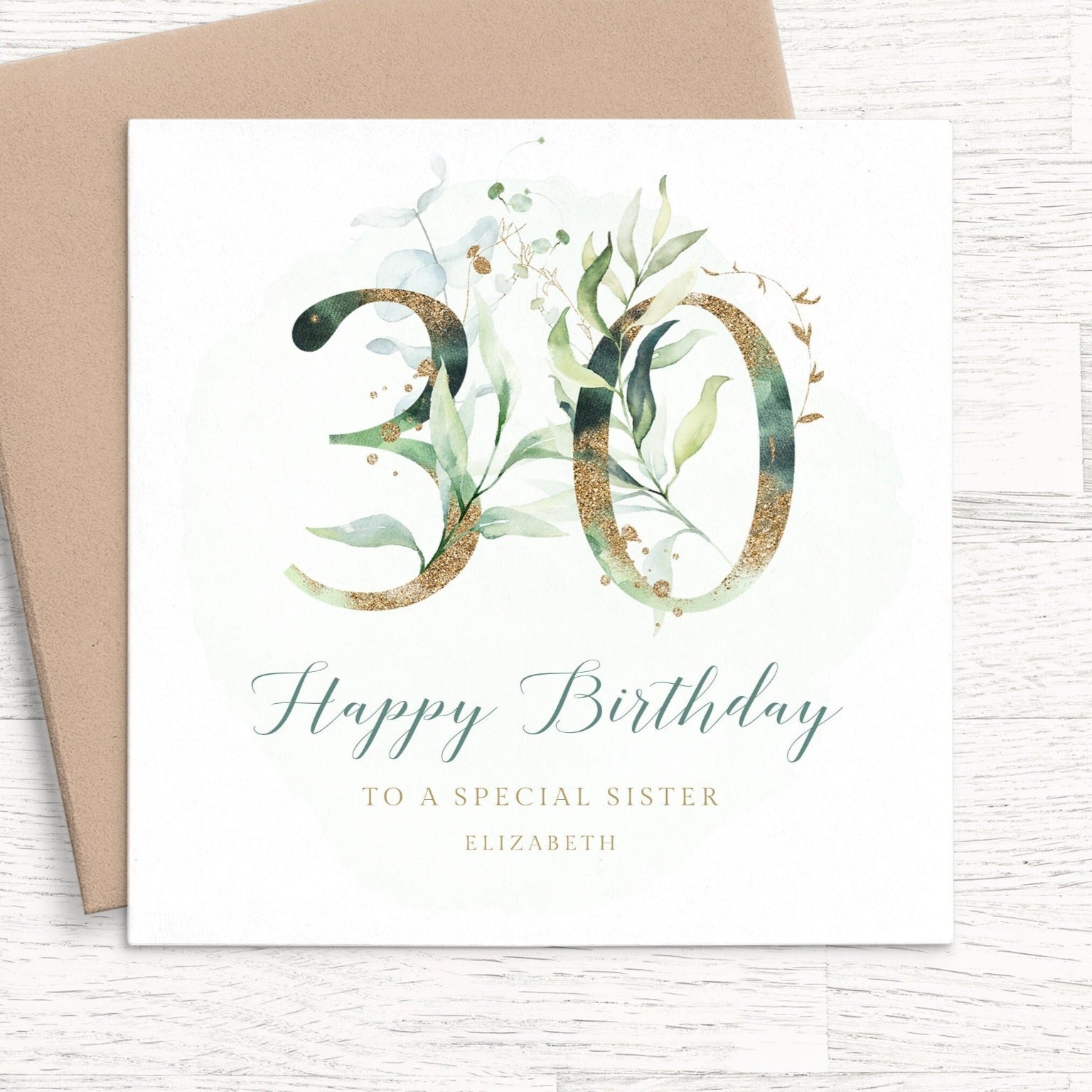 sister eucalyptus 30th birthday card personalised smooth matte white cardstock kraft brown envelope